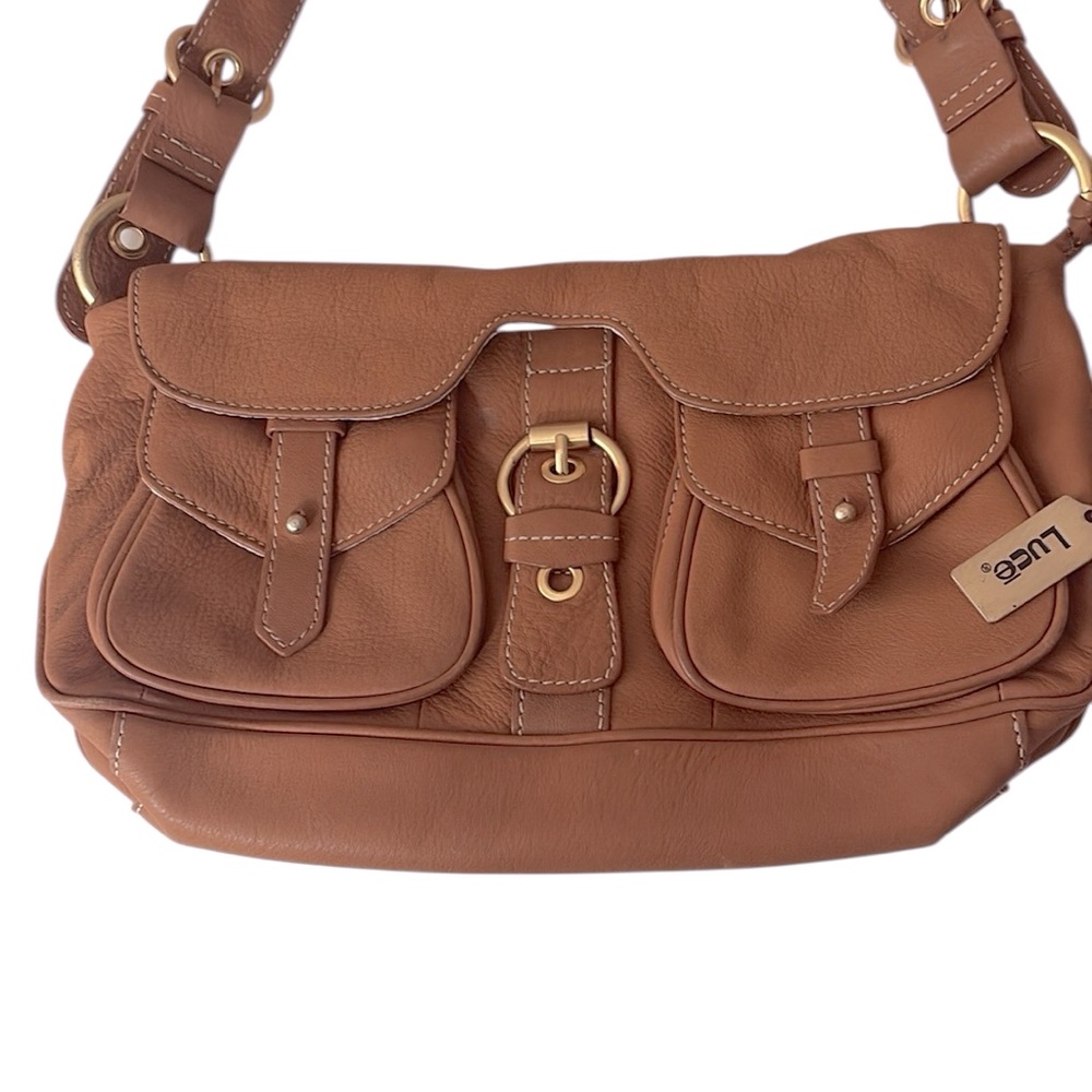 Luce leather hobo handbag, front pockets , back zip pouch, tan color - Picture 3 of 10